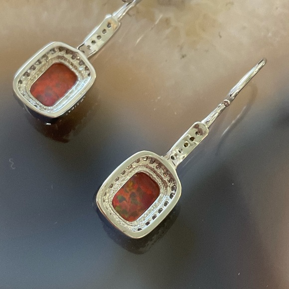 Silver fire opal dangle CZ earrings rectangle cubic zirconia black opal - Picture 7 of 7